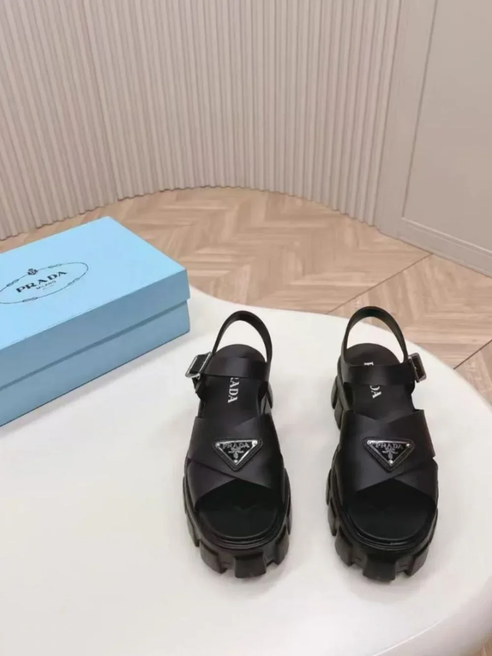 Prada Black Rubber Chunky Cross‑Band Platform Sandals